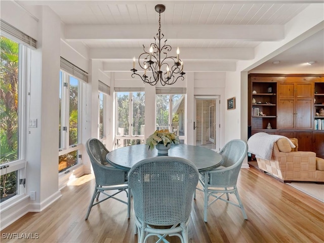 dining area featuring light wood-style flooring, a notable chandelier, wood ceiling, baseboards, and beam ceiling