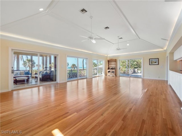 unfurnished living room with light wood-style floors, visible vents, and ceiling fan