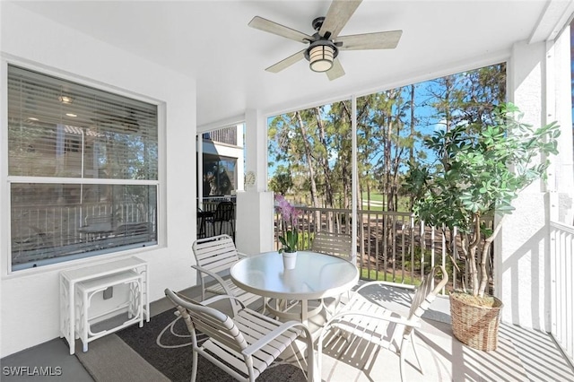 sunroom / solarium with a ceiling fan