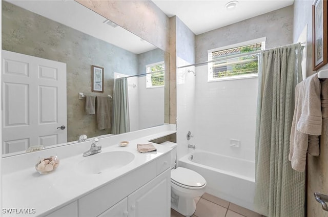 full bath featuring tile patterned flooring, visible vents, toilet, shower / tub combo with curtain, and vanity