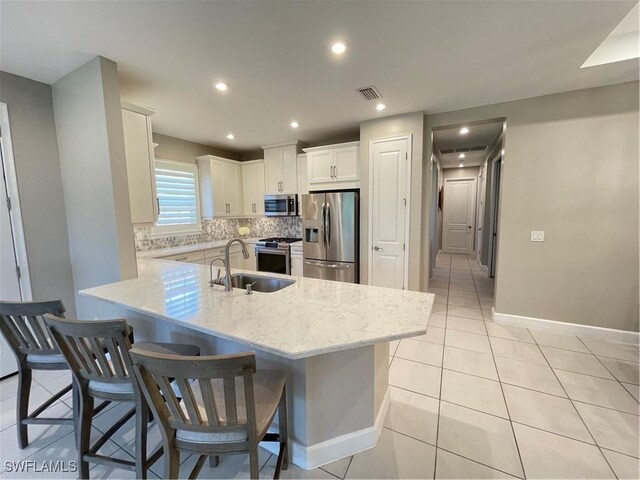 kitchen with visible vents, a sink, tasteful backsplash, appliances with stainless steel finishes, and a peninsula