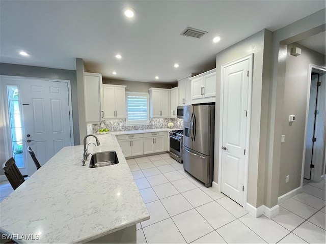 kitchen featuring visible vents, a sink, appliances with stainless steel finishes, white cabinetry, and tasteful backsplash