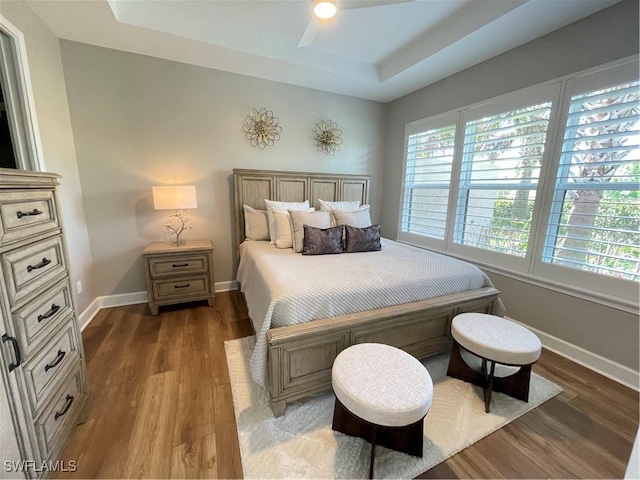 bedroom featuring baseboards, a raised ceiling, and wood finished floors