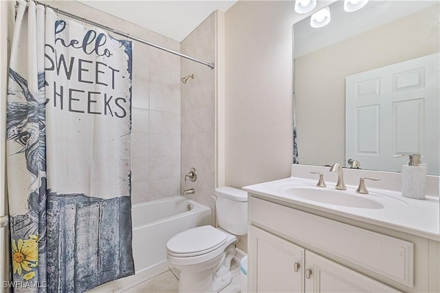 full bath with toilet, shower / bathtub combination with curtain, tile patterned flooring, and vanity