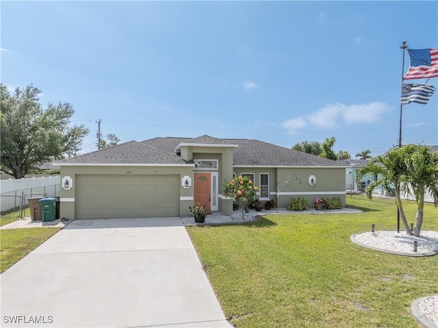 ranch-style house with a garage, fence, a front lawn, and stucco siding