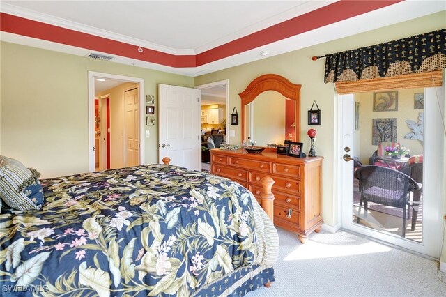 bedroom featuring access to exterior, visible vents, crown molding, and carpet flooring