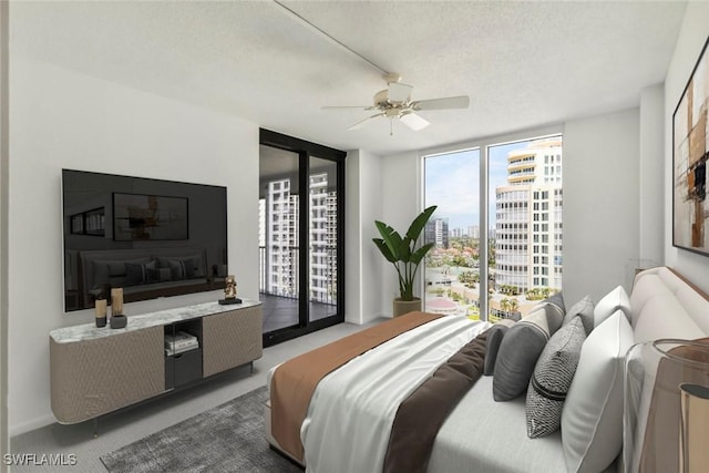 bedroom with a city view, access to exterior, floor to ceiling windows, carpet floors, and ceiling fan