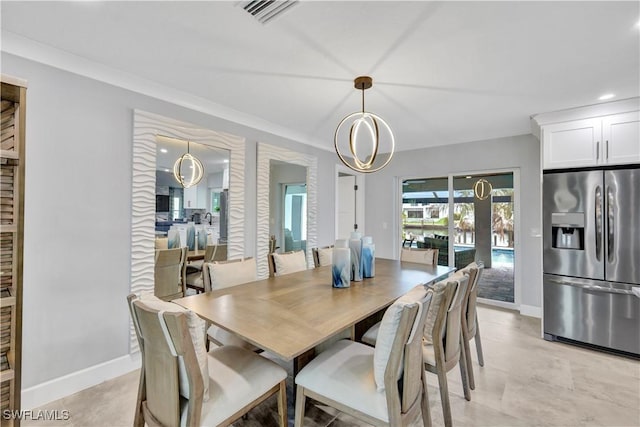 dining room featuring baseboards, visible vents, and recessed lighting