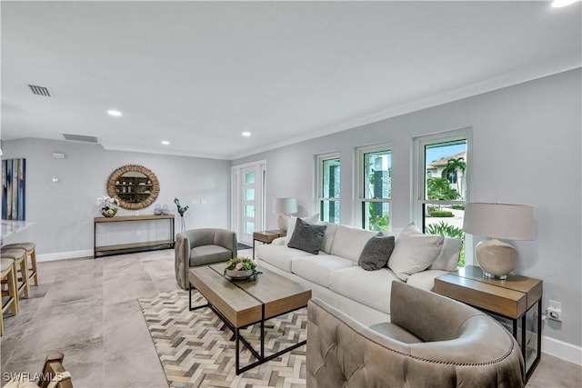 living room with crown molding, recessed lighting, visible vents, and baseboards