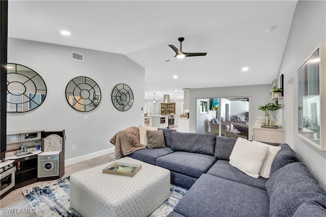 living room with recessed lighting, visible vents, vaulted ceiling, and ceiling fan