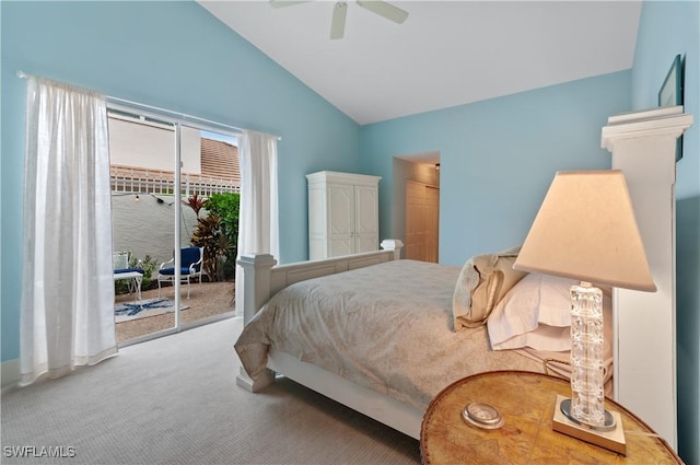 bedroom featuring ceiling fan, lofted ceiling, access to exterior, and carpet flooring