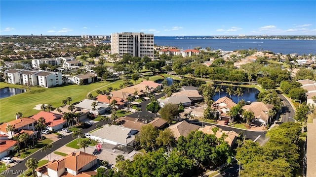 aerial view featuring a water view and a residential view