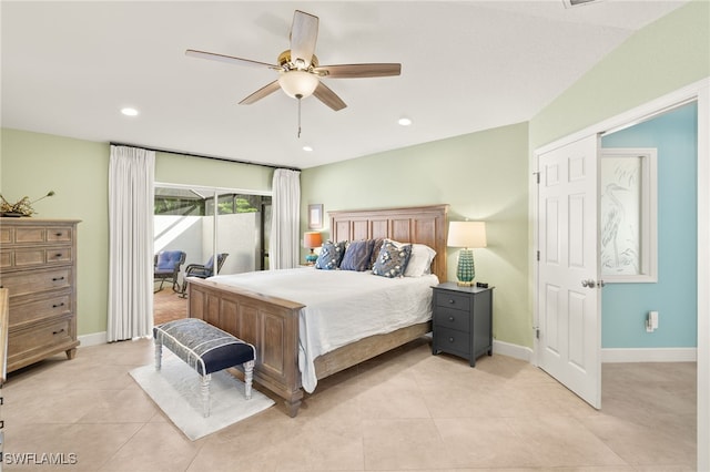 bedroom featuring light tile patterned floors, access to outside, baseboards, and recessed lighting