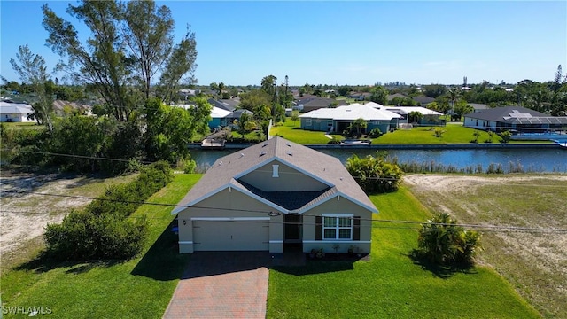 drone / aerial view featuring a water view and a residential view