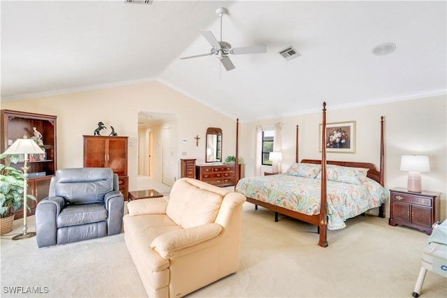 bedroom featuring lofted ceiling, ceiling fan, light colored carpet, visible vents, and crown molding