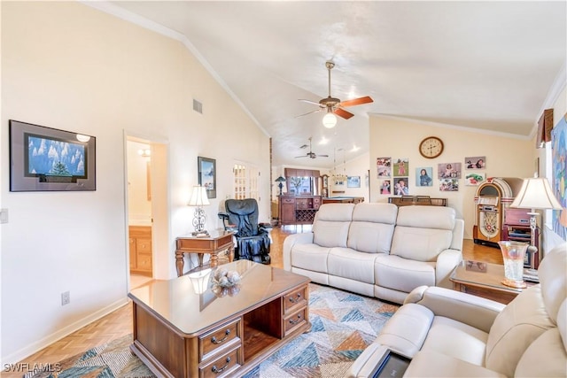 living room with ornamental molding, visible vents, vaulted ceiling, and baseboards