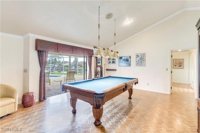 recreation room featuring baseboards, billiards, high vaulted ceiling, and crown molding