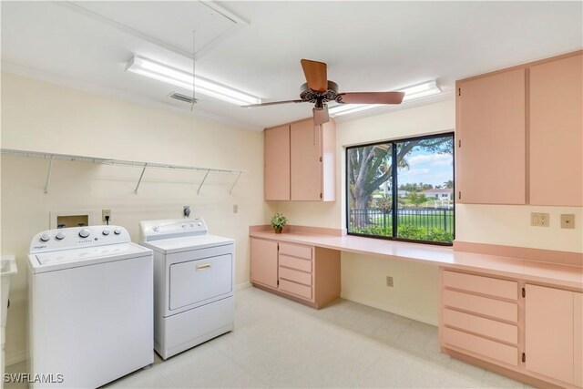 washroom featuring cabinet space, attic access, visible vents, ceiling fan, and independent washer and dryer