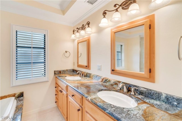 full bath featuring double vanity, crown molding, a sink, and tile patterned floors