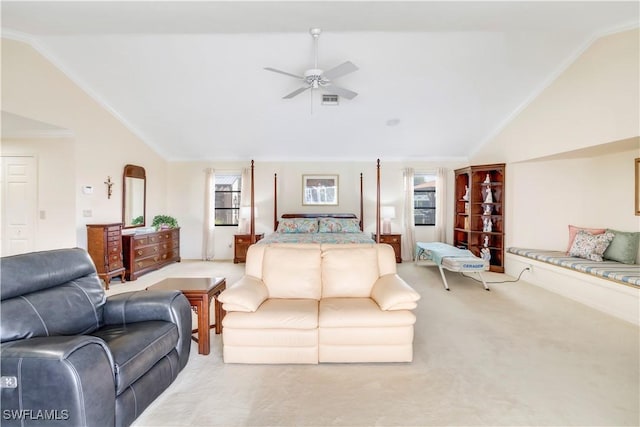 living room with vaulted ceiling, ornamental molding, visible vents, and light colored carpet