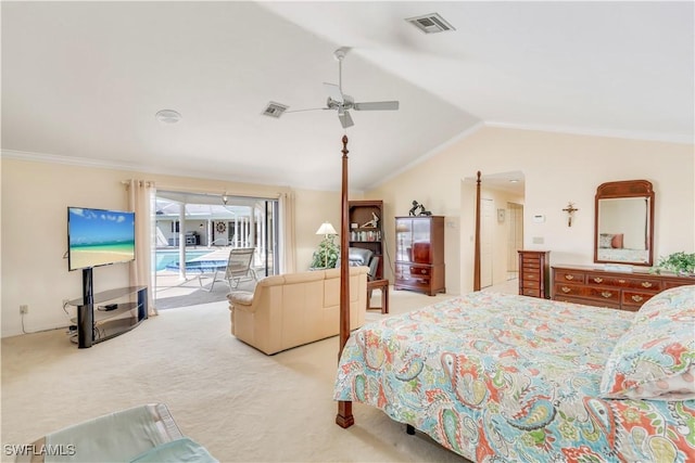 bedroom featuring access to outside, light colored carpet, vaulted ceiling, and visible vents