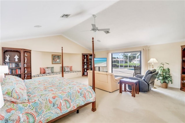 carpeted bedroom with crown molding, lofted ceiling, visible vents, and ceiling fan