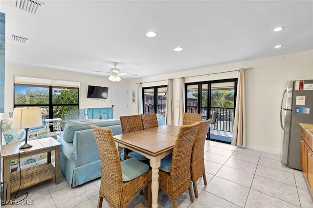 dining room featuring light tile patterned floors, recessed lighting, visible vents, and ceiling fan