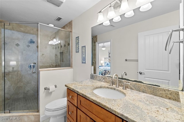 full bath with vanity, visible vents, ensuite bath, a stall shower, and toilet