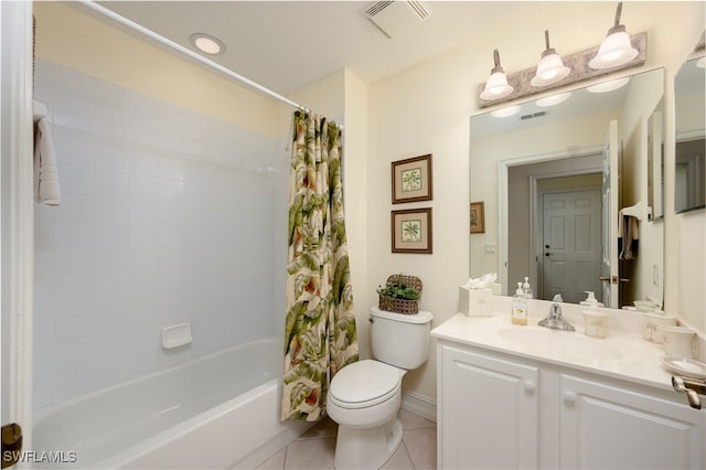 bathroom with visible vents, toilet, tile patterned flooring, shower / bathtub combination with curtain, and vanity