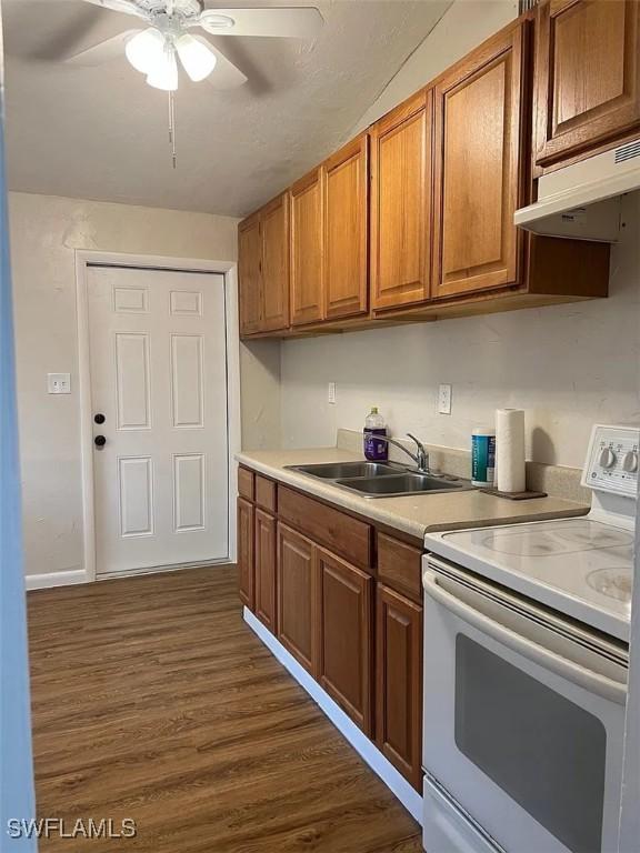 kitchen featuring ceiling fan, dark wood finished floors, under cabinet range hood, white range with electric stovetop, and a sink