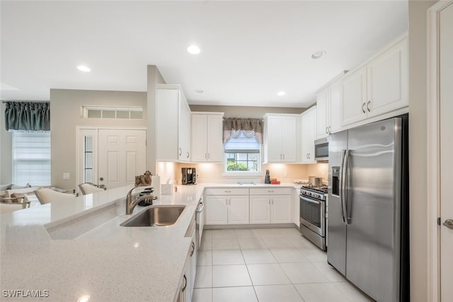 kitchen featuring appliances with stainless steel finishes, recessed lighting, a sink, and white cabinets