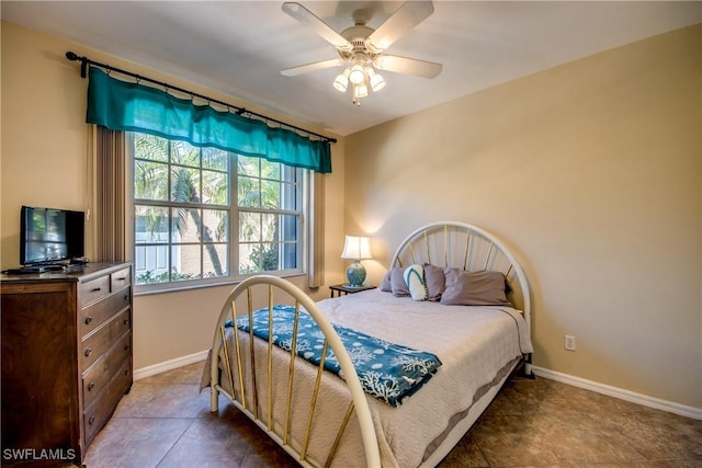 bedroom featuring ceiling fan and baseboards