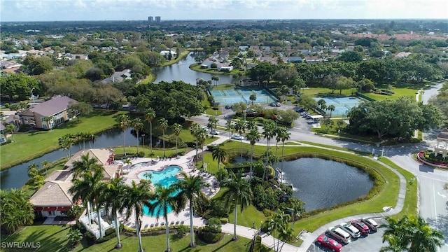 birds eye view of property featuring a water view