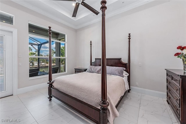 bedroom with a ceiling fan, baseboards, marble finish floor, and ornamental molding