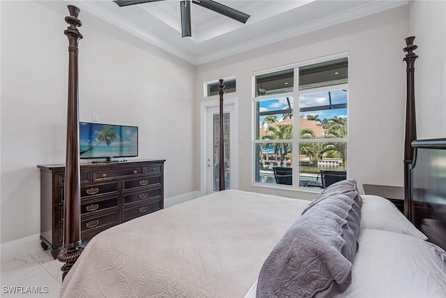 bedroom with crown molding, baseboards, ceiling fan, a tray ceiling, and marble finish floor