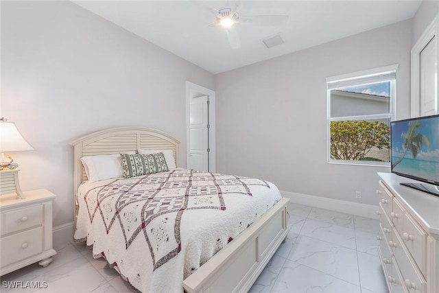 bedroom featuring visible vents, baseboards, marble finish floor, and ceiling fan