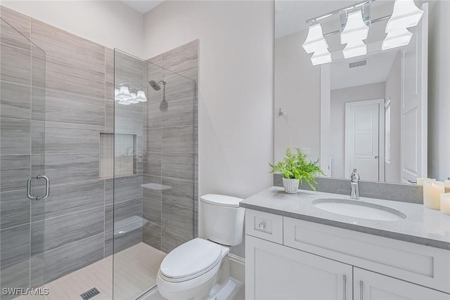 full bath featuring visible vents, a shower stall, toilet, and vanity