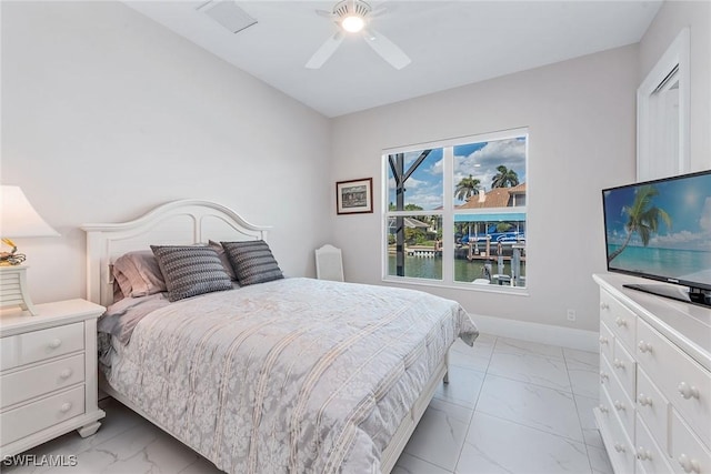 bedroom featuring visible vents, baseboards, marble finish floor, and ceiling fan