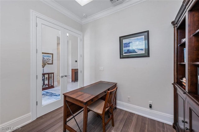 office area with french doors, visible vents, dark wood-style floors, and crown molding