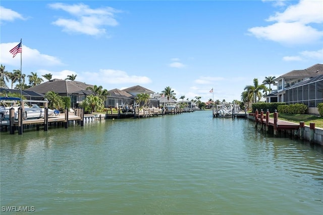 view of water feature featuring a residential view and a boat dock