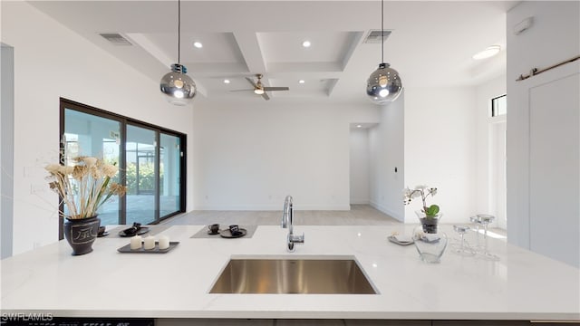 1523 NW 34th Ave, Cape Coral, FL 33993 - kitchen featuring coffered ceiling, open floor plan, recessed lighting, beam ceiling, and hanging light fixtures