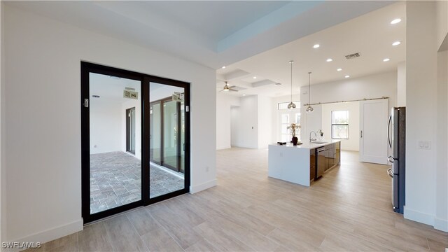 1523 NW 34th Ave, Cape Coral, FL 33993 - kitchen featuring stainless steel appliances, an island with sink, a ceiling fan, recessed lighting, and pendant lighting
