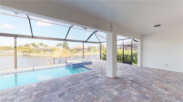 1523 NW 34th Ave, Cape Coral, FL 33993 - view of swimming pool with a water view, a patio area, a pool with connected hot tub, and glass enclosure
