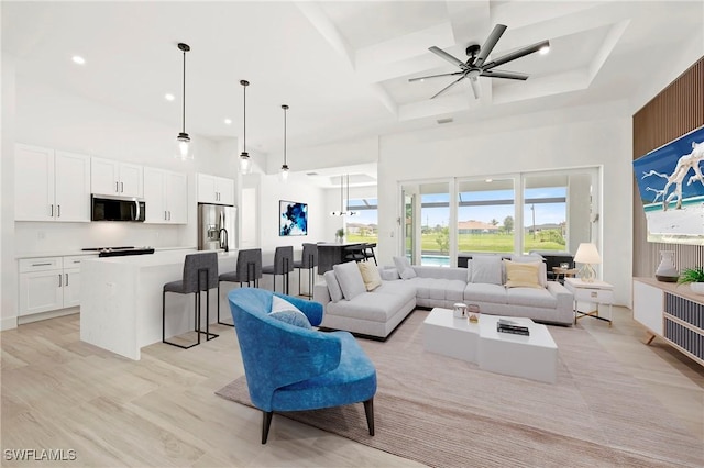 1523 NW 34th Ave, Cape Coral, FL 33993 - living area with a high ceiling, coffered ceiling, a ceiling fan, recessed lighting, and beam ceiling