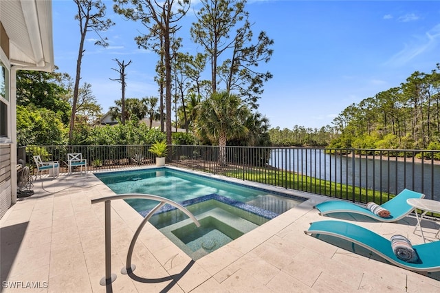 view of swimming pool with a water view, a fenced backyard, a patio, and an in ground hot tub