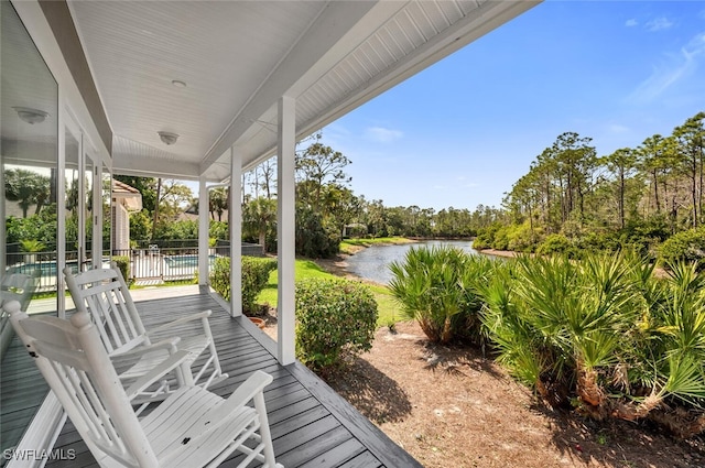 view of patio / terrace featuring a water view