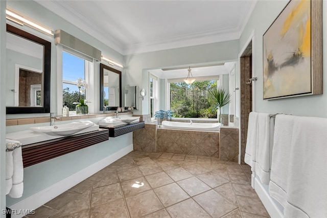 bathroom featuring ornamental molding, double vanity, a sink, and a bath