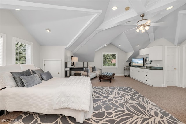 bedroom with a ceiling fan, recessed lighting, light carpet, and vaulted ceiling with beams