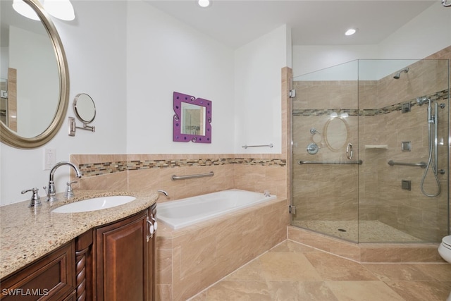 full bathroom with a garden tub, recessed lighting, a stall shower, vanity, and tile patterned flooring