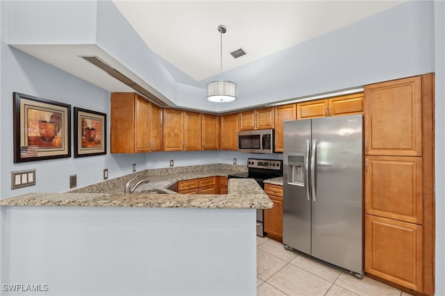 kitchen with stainless steel appliances, visible vents, light tile patterned flooring, a sink, and light stone countertops